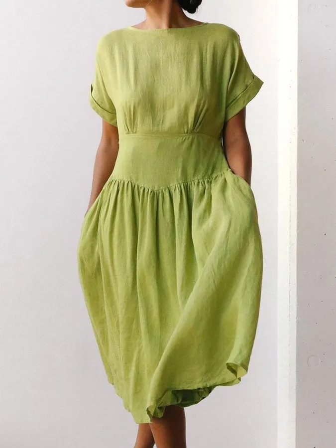 2023 New Linen Grass Green Midi Dress