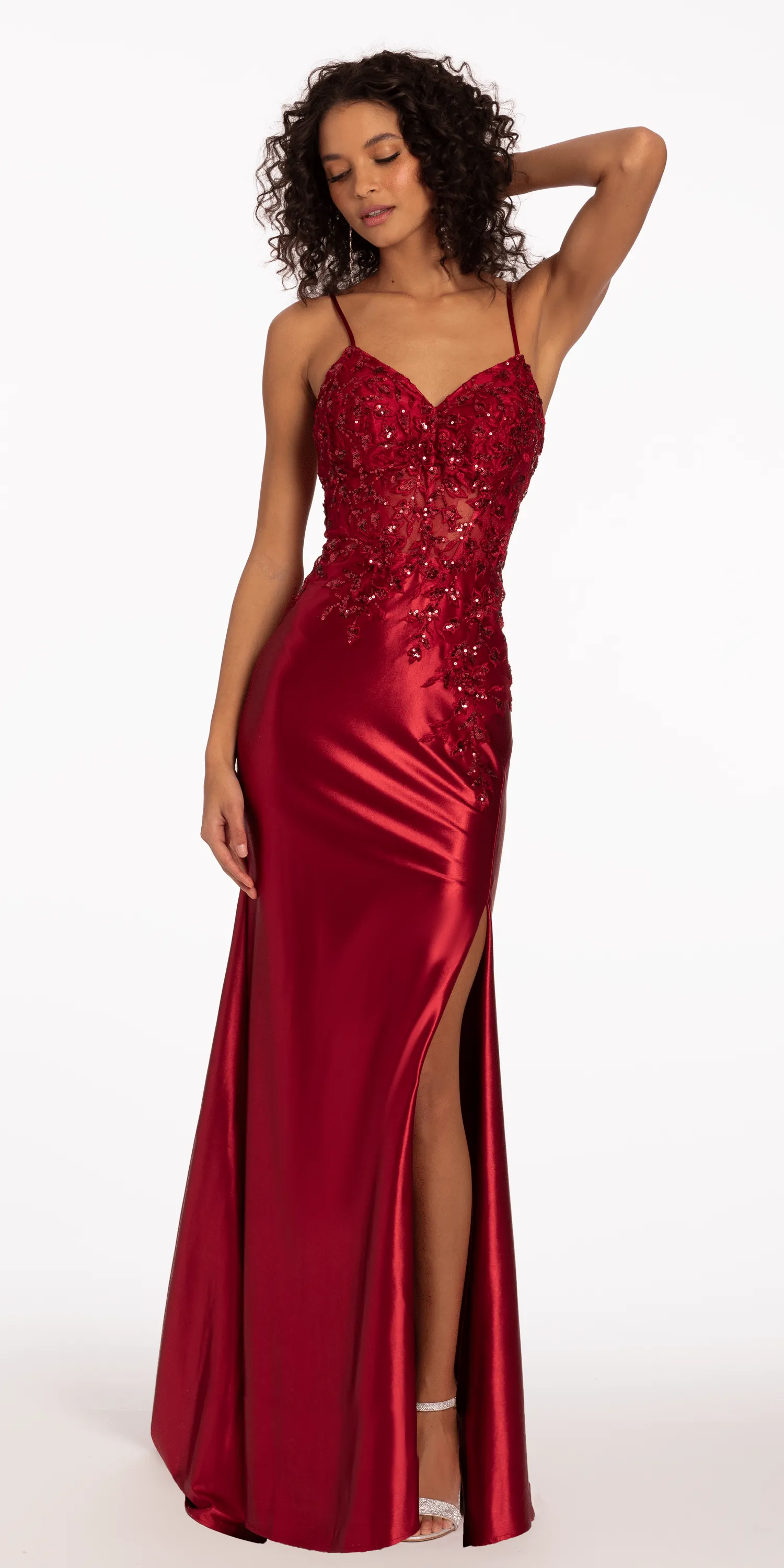 3 D Sequin Satin Sweetheart Corset Dress with Side Slit