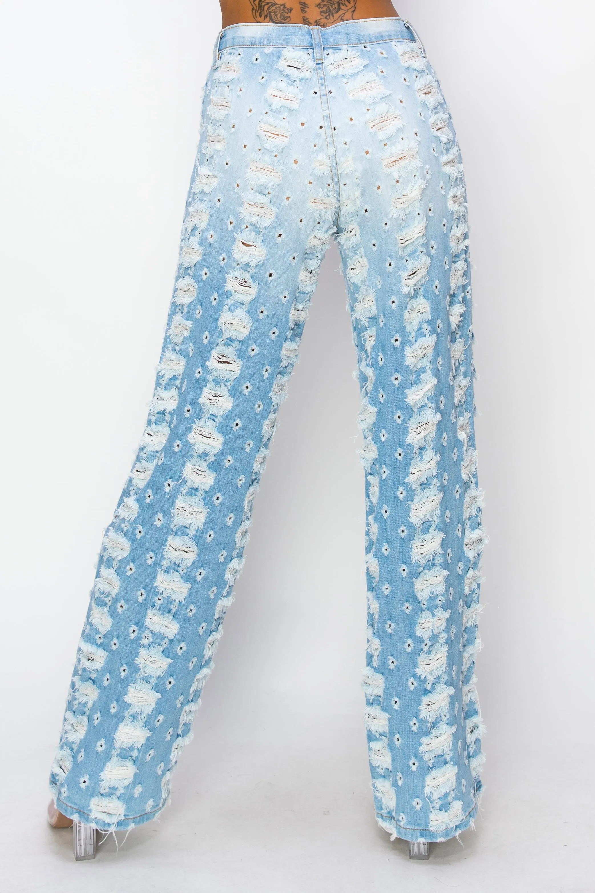 40642 Mid Rise Straight Leg Jeans W/ Large & Small Hole Patterned Destruction