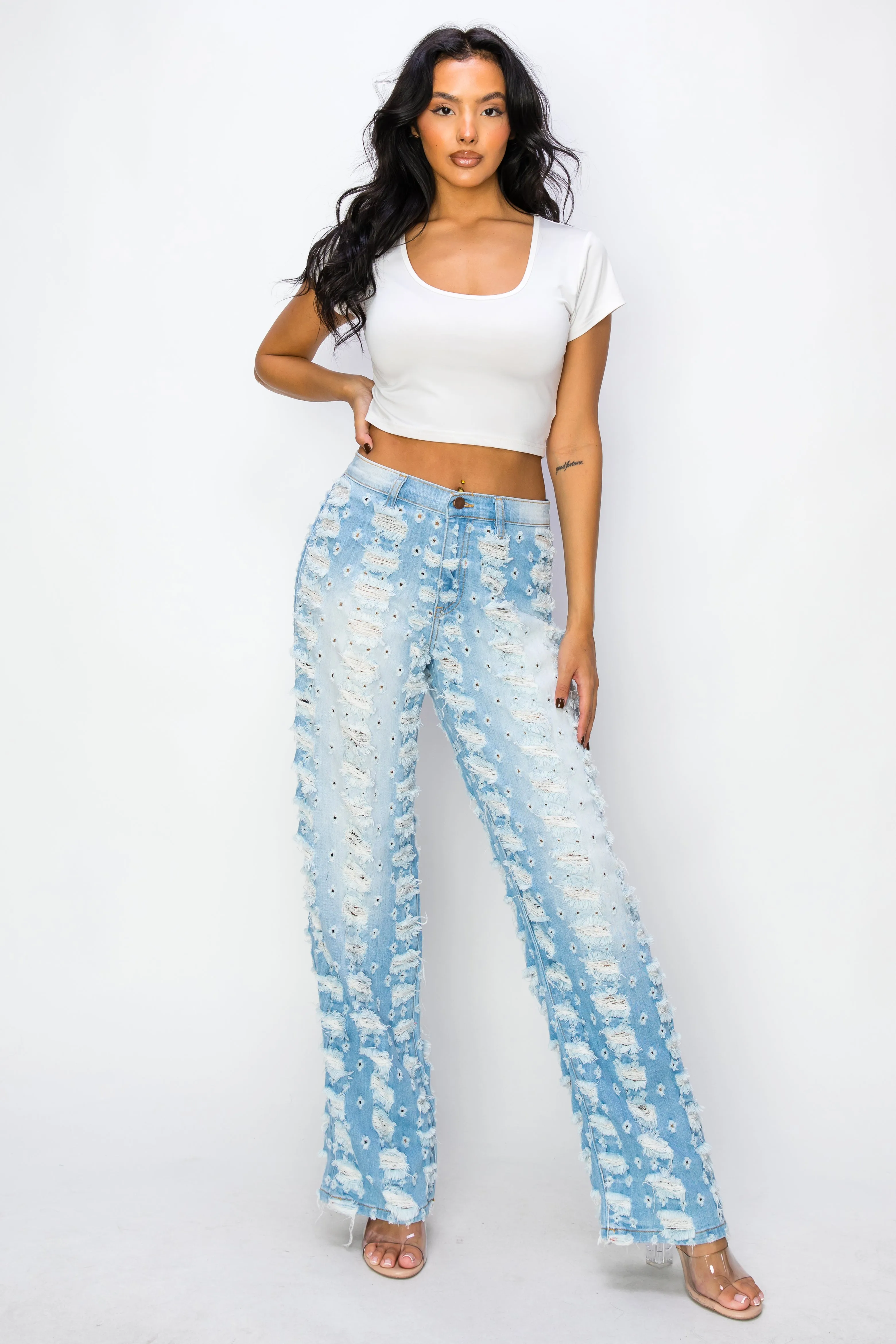 40642 Mid Rise Straight Leg Jeans W/ Large & Small Hole Patterned Destruction