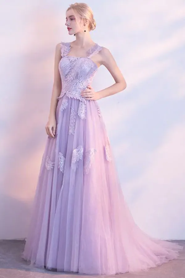 Anneprom Chic Lilac Prom Dress A line Applique Modest Long Prom Dress Evening Dress APP0649