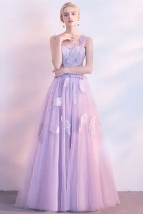 Anneprom Chic Lilac Prom Dress A line Applique Modest Long Prom Dress Evening Dress APP0649