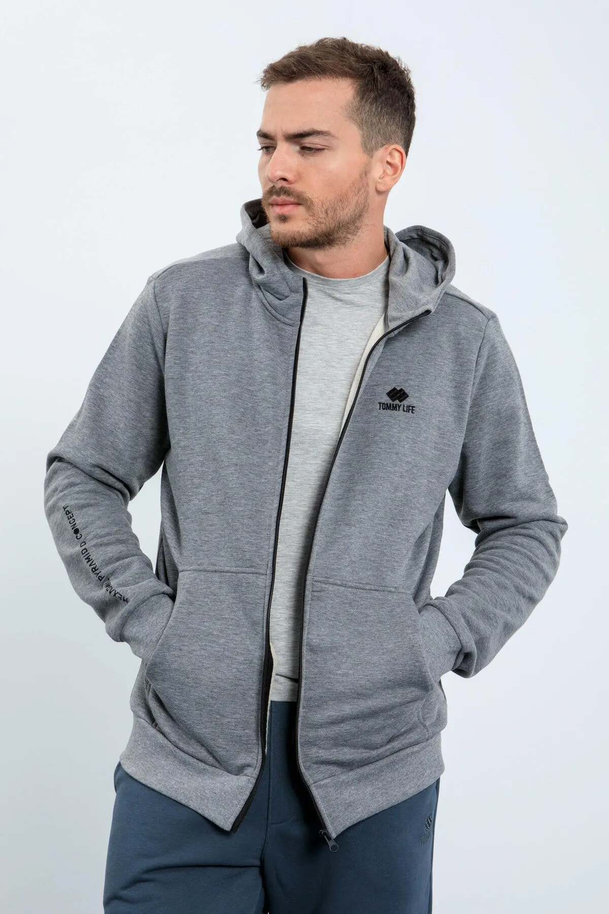 basic kapüşonlu rahat form nakiş detayli fermuarli erkek sweatshirt - 88035