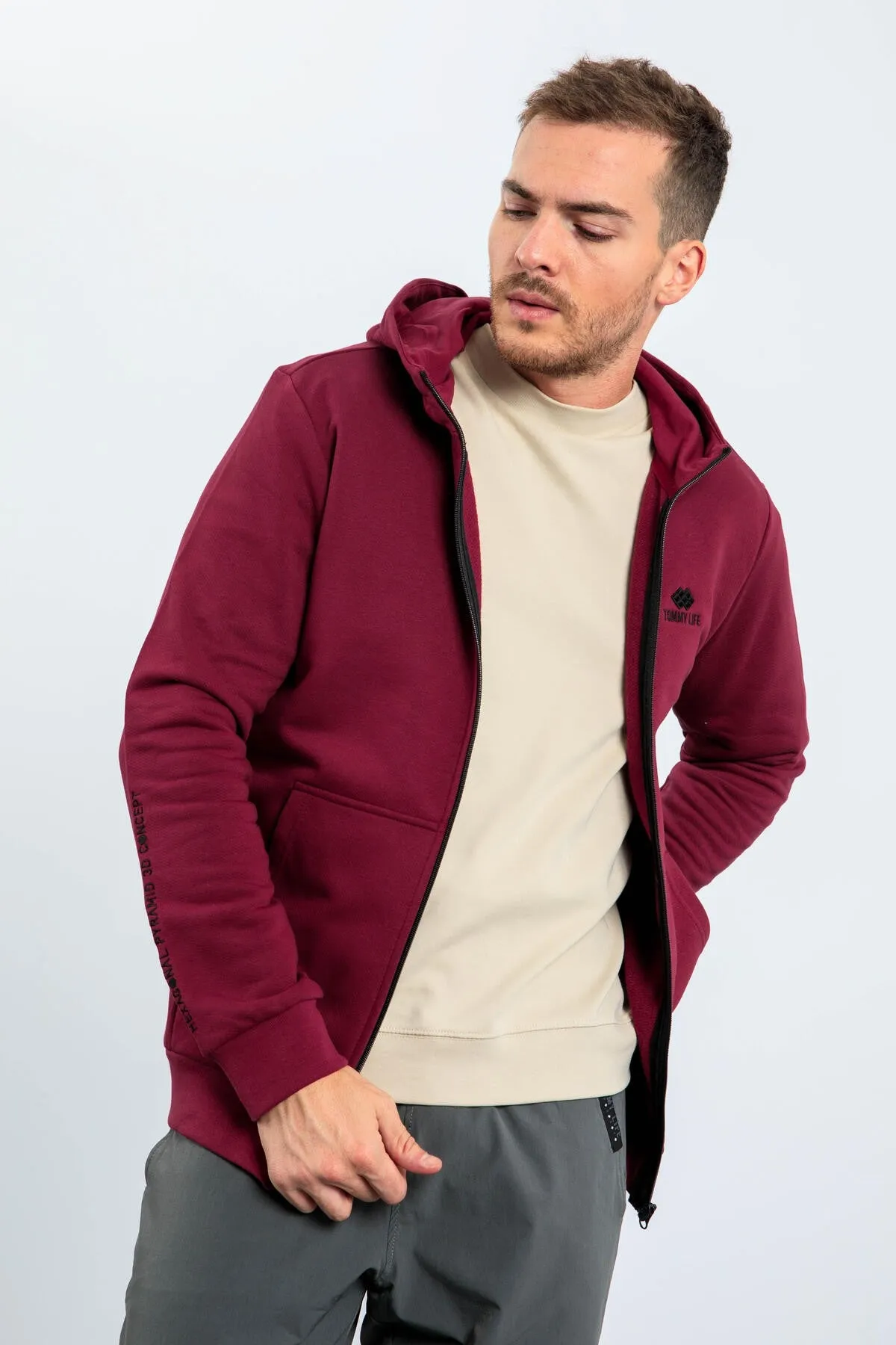 basic kapüşonlu rahat form nakiş detayli fermuarli erkek sweatshirt - 88035