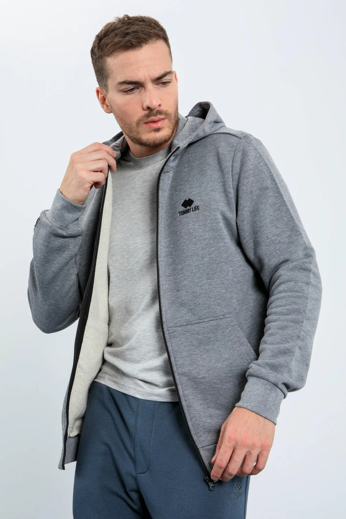 basic kapüşonlu rahat form nakiş detayli fermuarli erkek sweatshirt - 88035