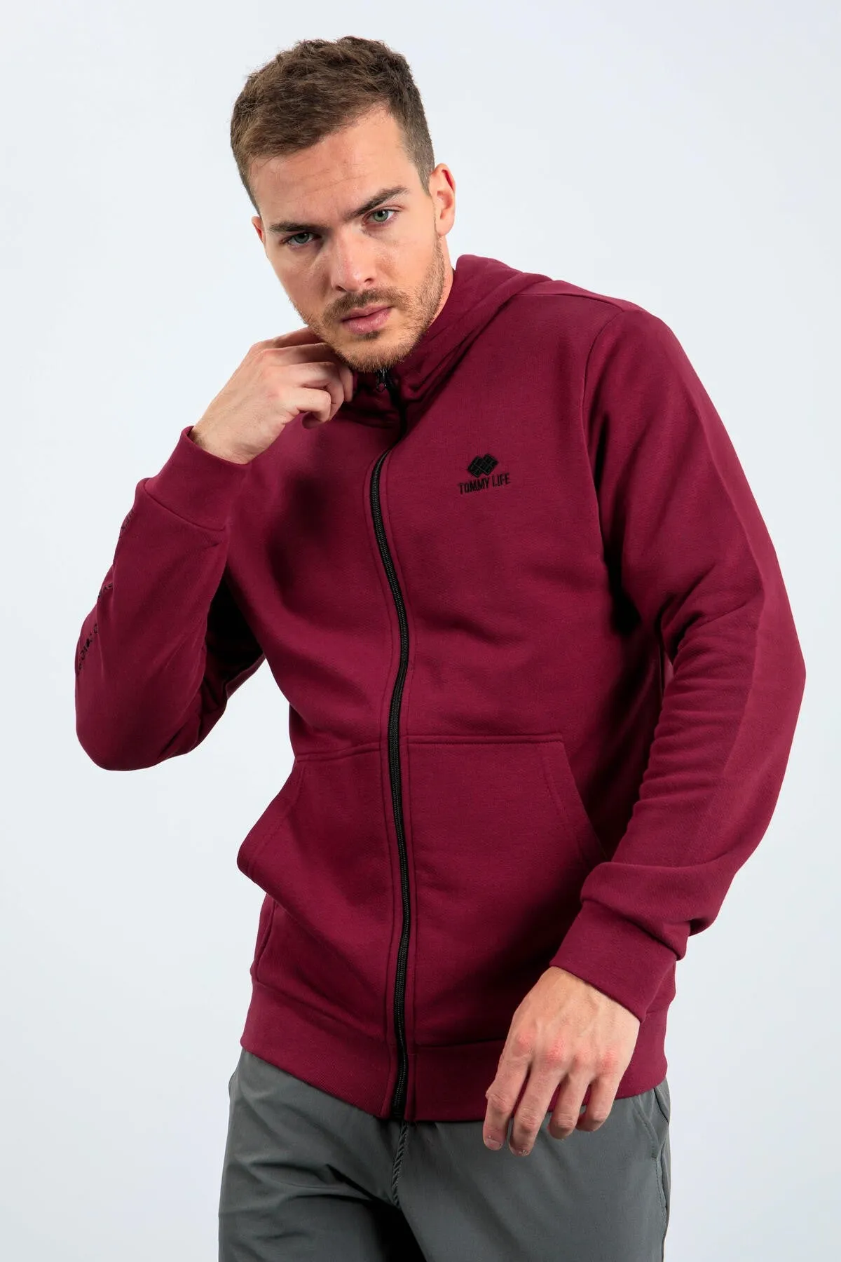 basic kapüşonlu rahat form nakiş detayli fermuarli erkek sweatshirt - 88035