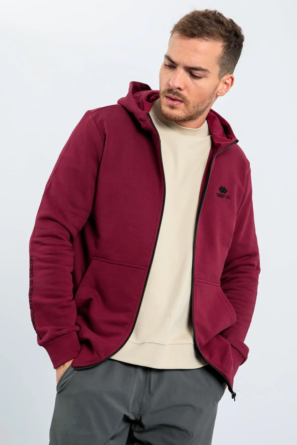 basic kapüşonlu rahat form nakiş detayli fermuarli erkek sweatshirt - 88035