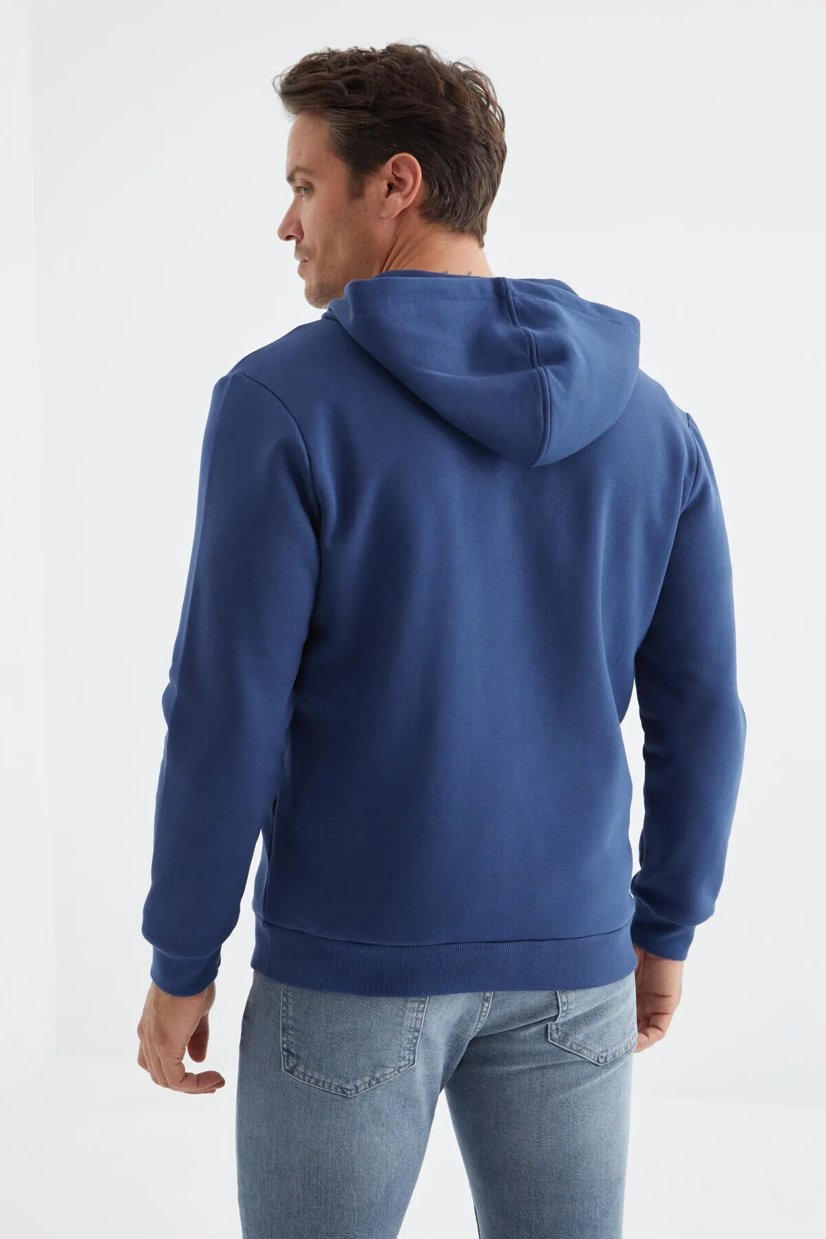 basic kapüşonlu rahat form nakiş detayli fermuarli erkek sweatshirt - 88035