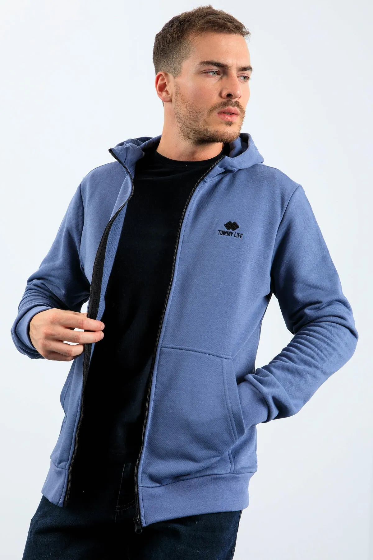 basic kapüşonlu rahat form nakiş detayli fermuarli erkek sweatshirt - 88035