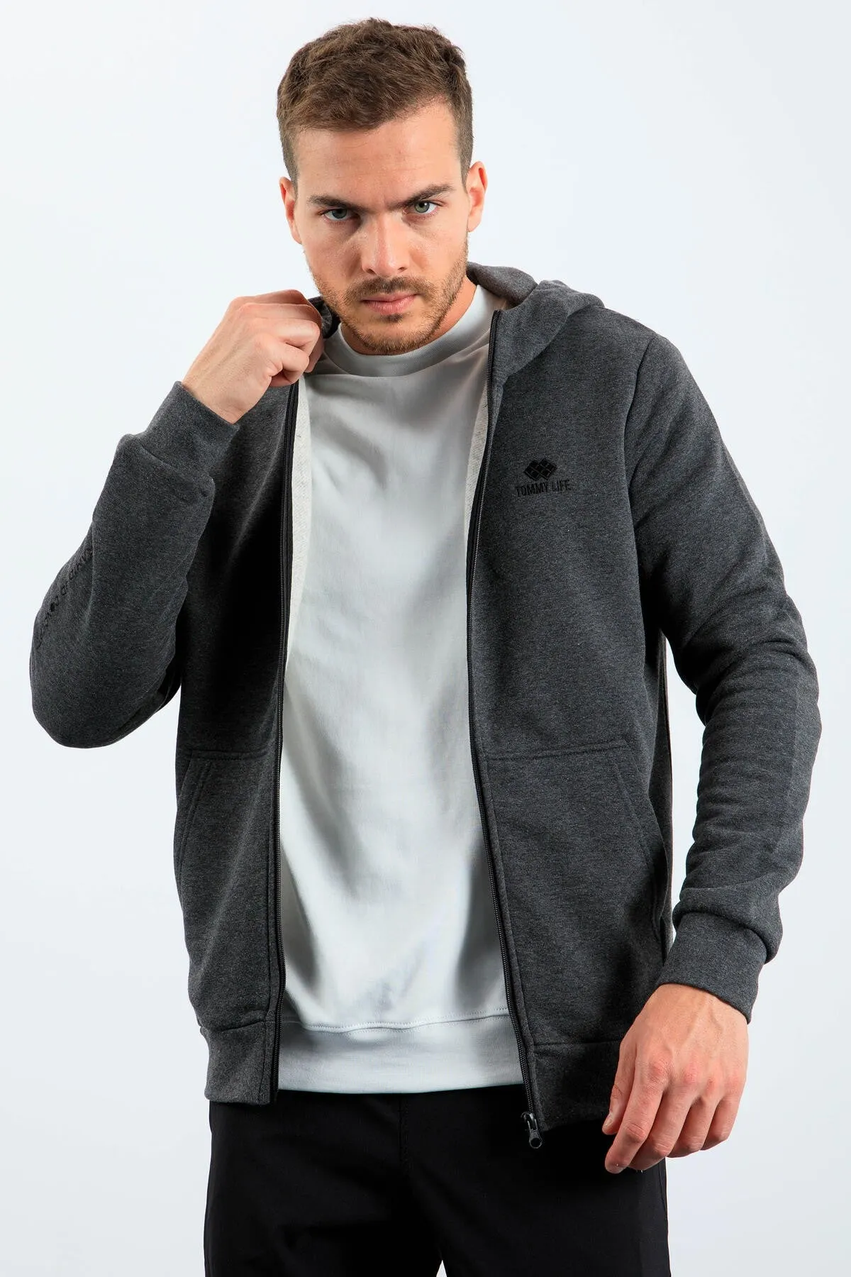 basic kapüşonlu rahat form nakiş detayli fermuarli erkek sweatshirt - 88035