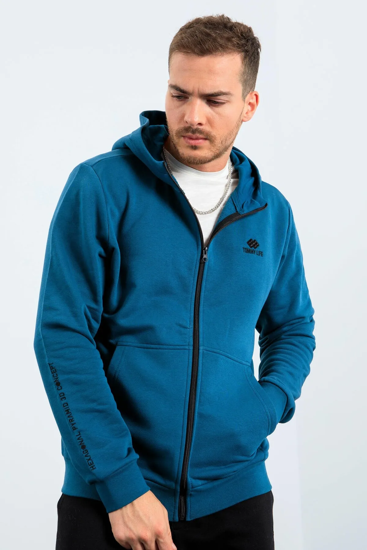 basic kapüşonlu rahat form nakiş detayli fermuarli erkek sweatshirt - 88035