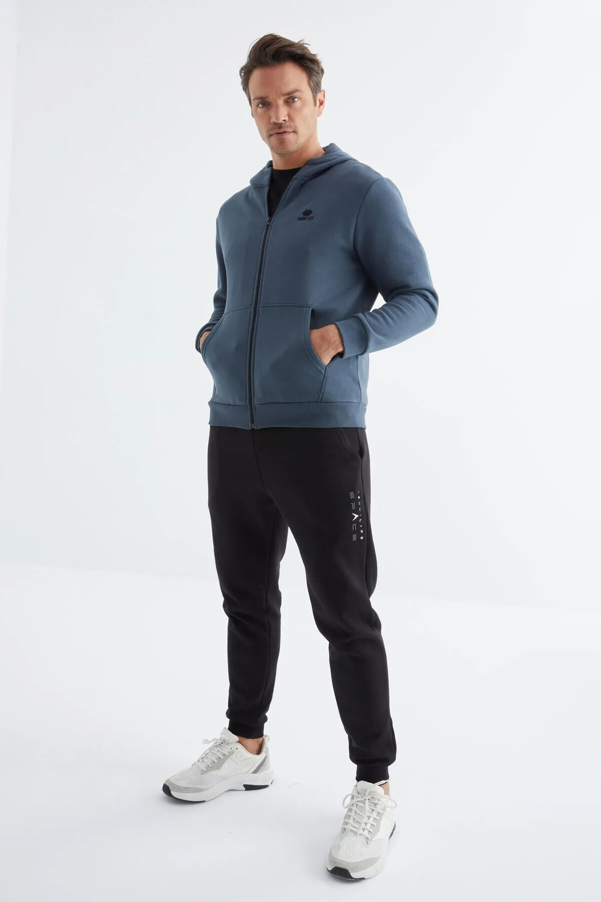 basic kapüşonlu rahat form nakiş detayli fermuarli erkek sweatshirt - 88035