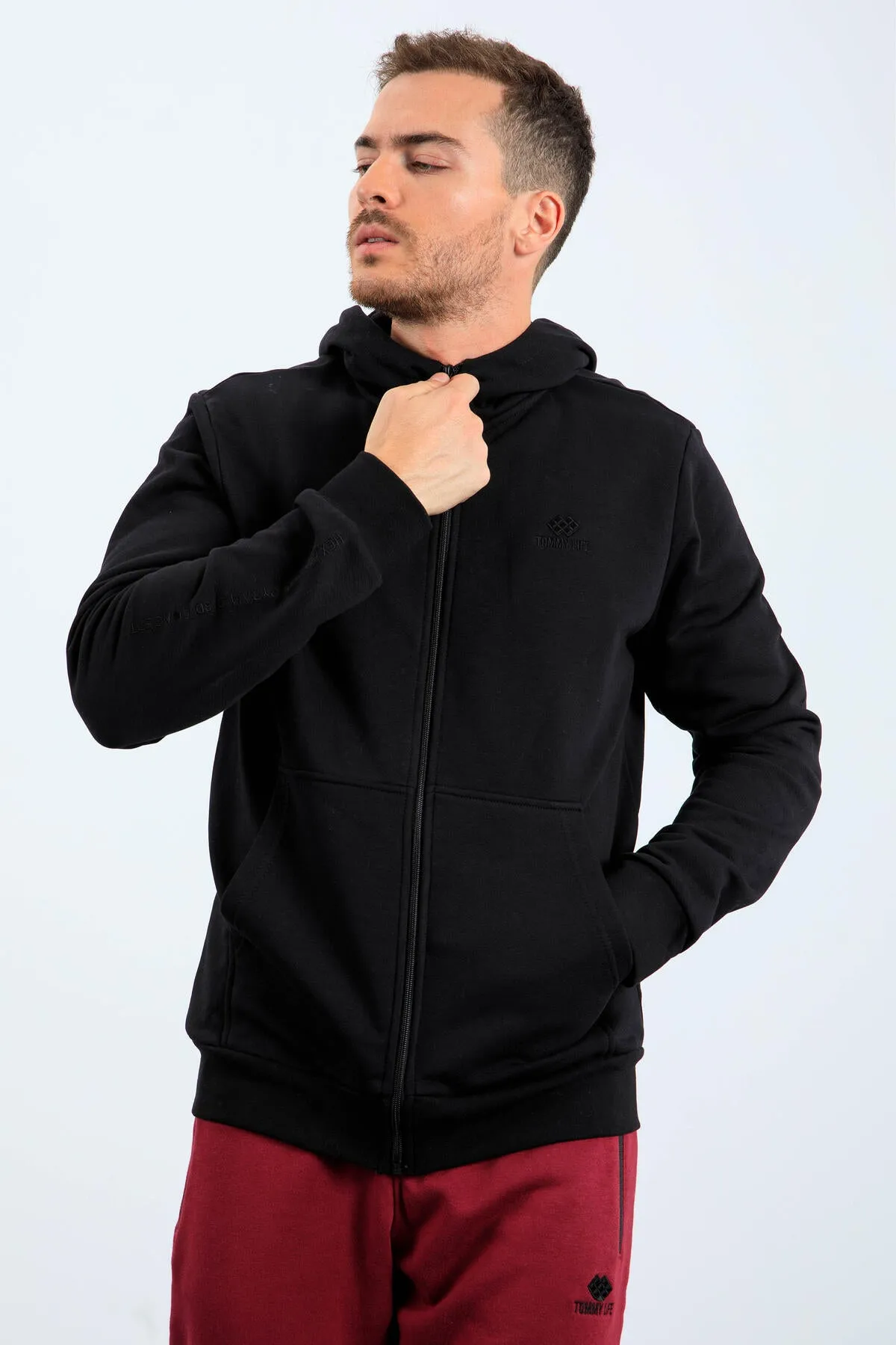 basic kapüşonlu rahat form nakiş detayli fermuarli erkek sweatshirt - 88035