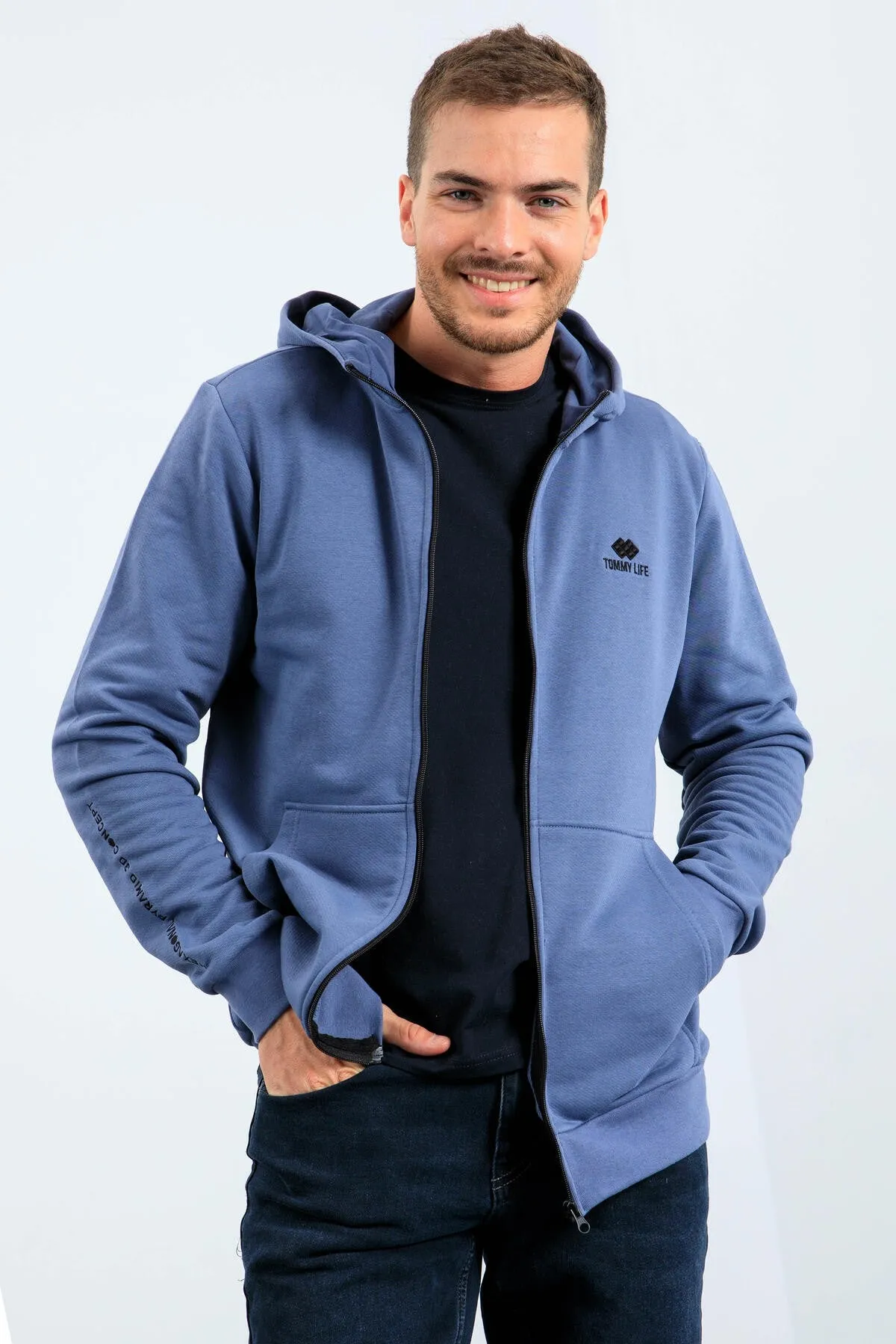 basic kapüşonlu rahat form nakiş detayli fermuarli erkek sweatshirt - 88035