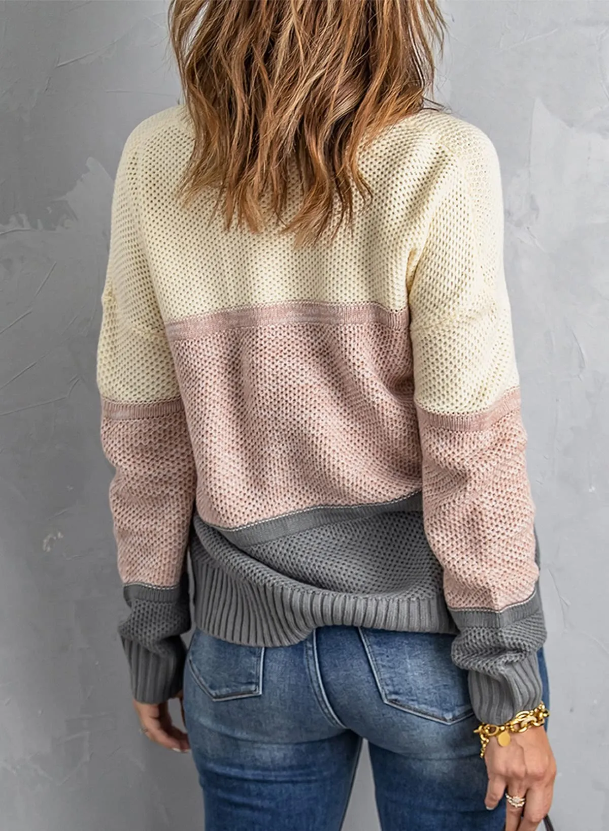 Black Strap Womens Color Block Sweaters Long Sleeve Crewneck Pullover Knit Jumper Tops - Dokotoo