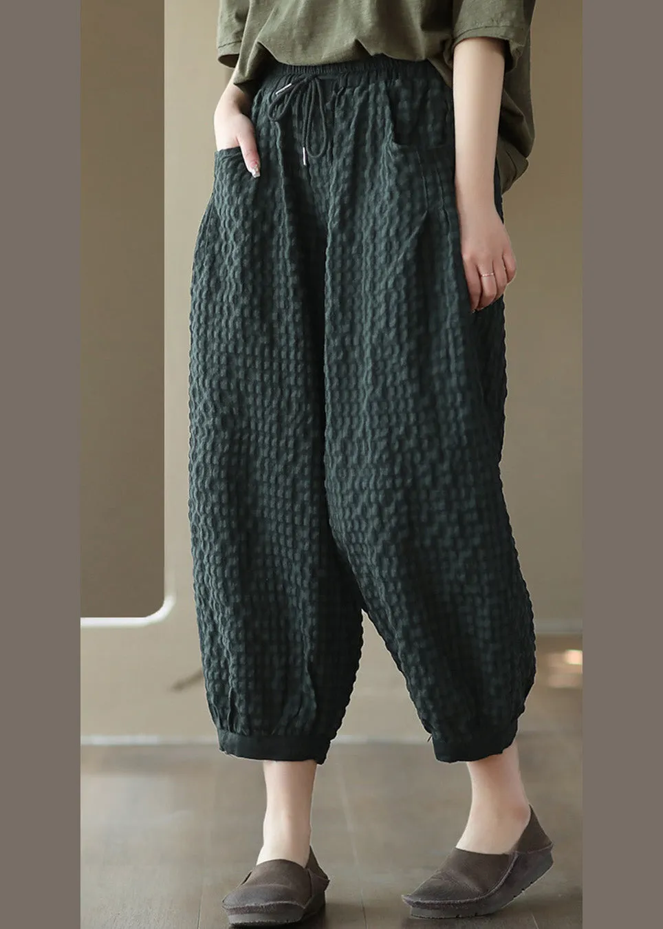 Blackish Green Tie Waist Cozy Crop Pants LY6921