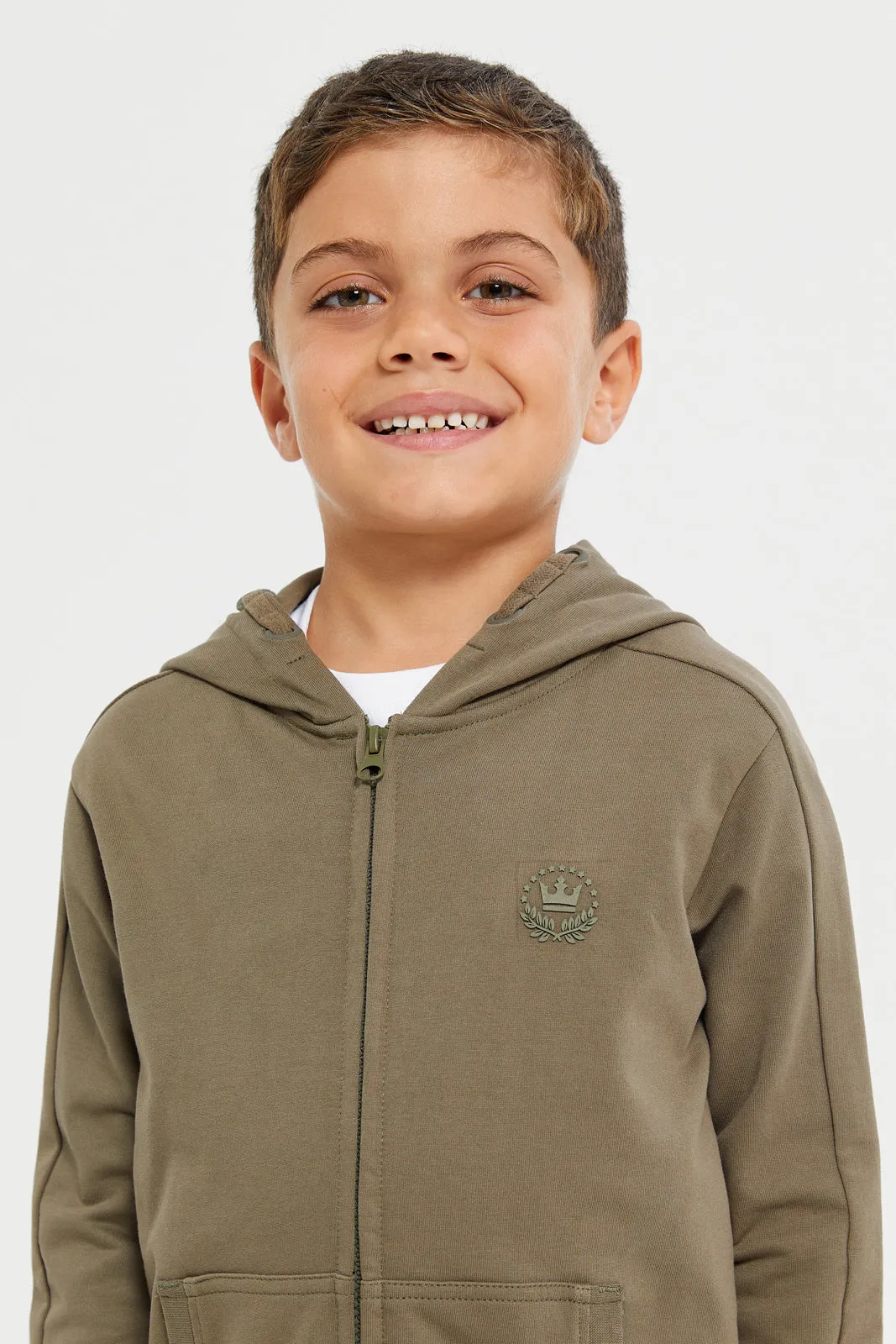 Boys Olive Zipper Front Hooded Sweatshirt