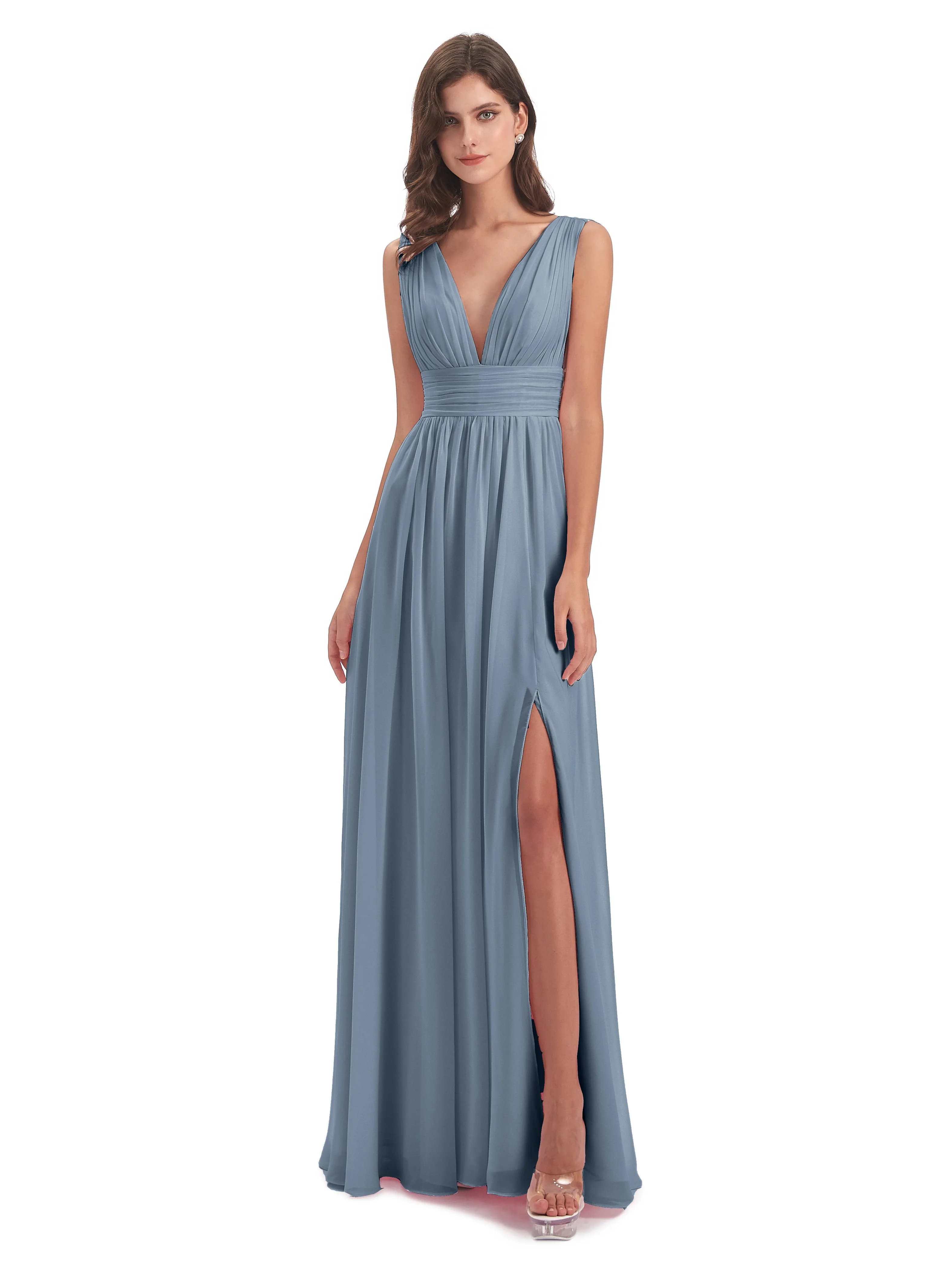 Bridesmaid Dresses Dusty Blue Charming Chiffon V Neck Split Long Bridesmaid Dresses