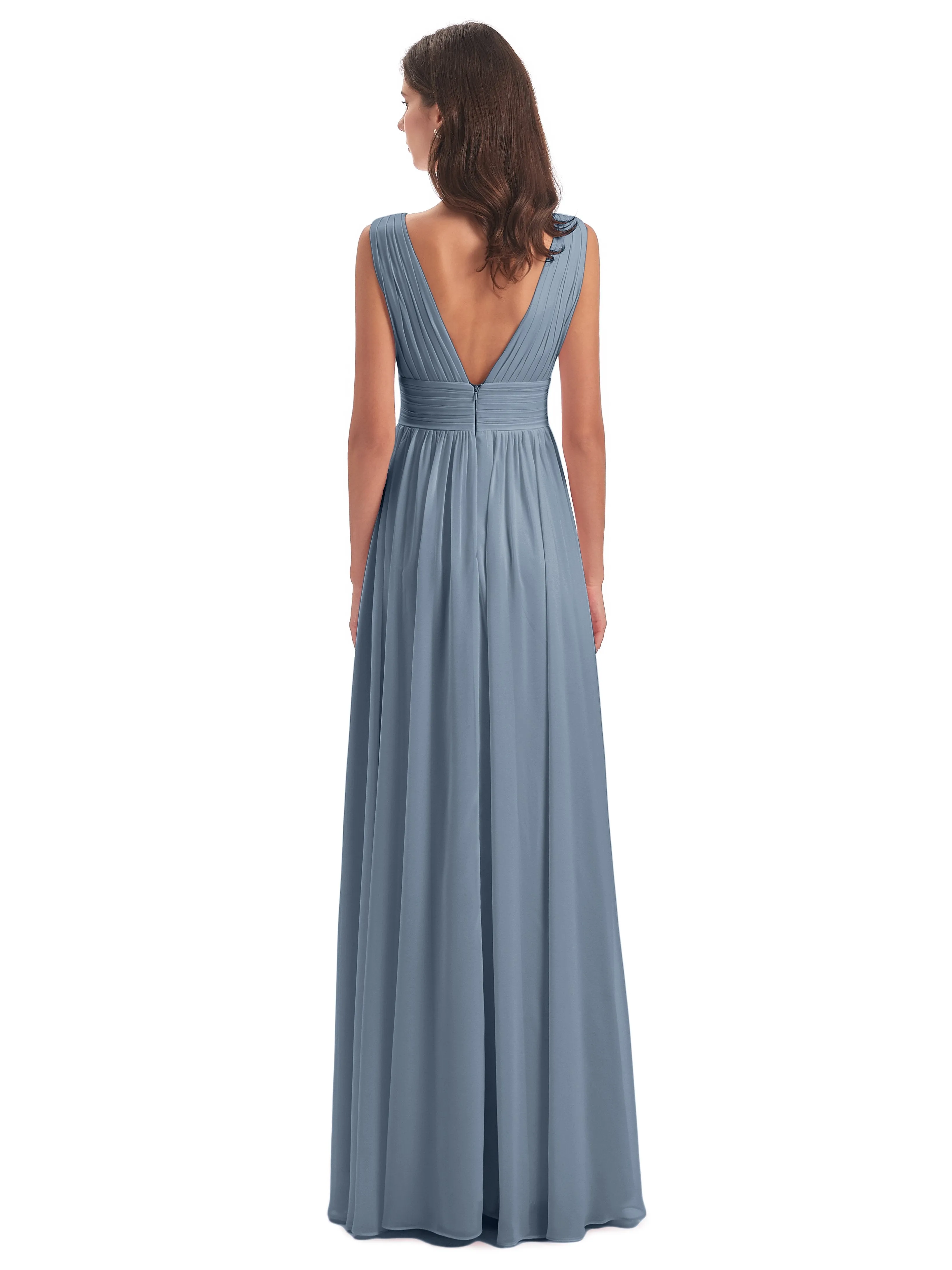 Bridesmaid Dresses Dusty Blue Charming Chiffon V Neck Split Long Bridesmaid Dresses