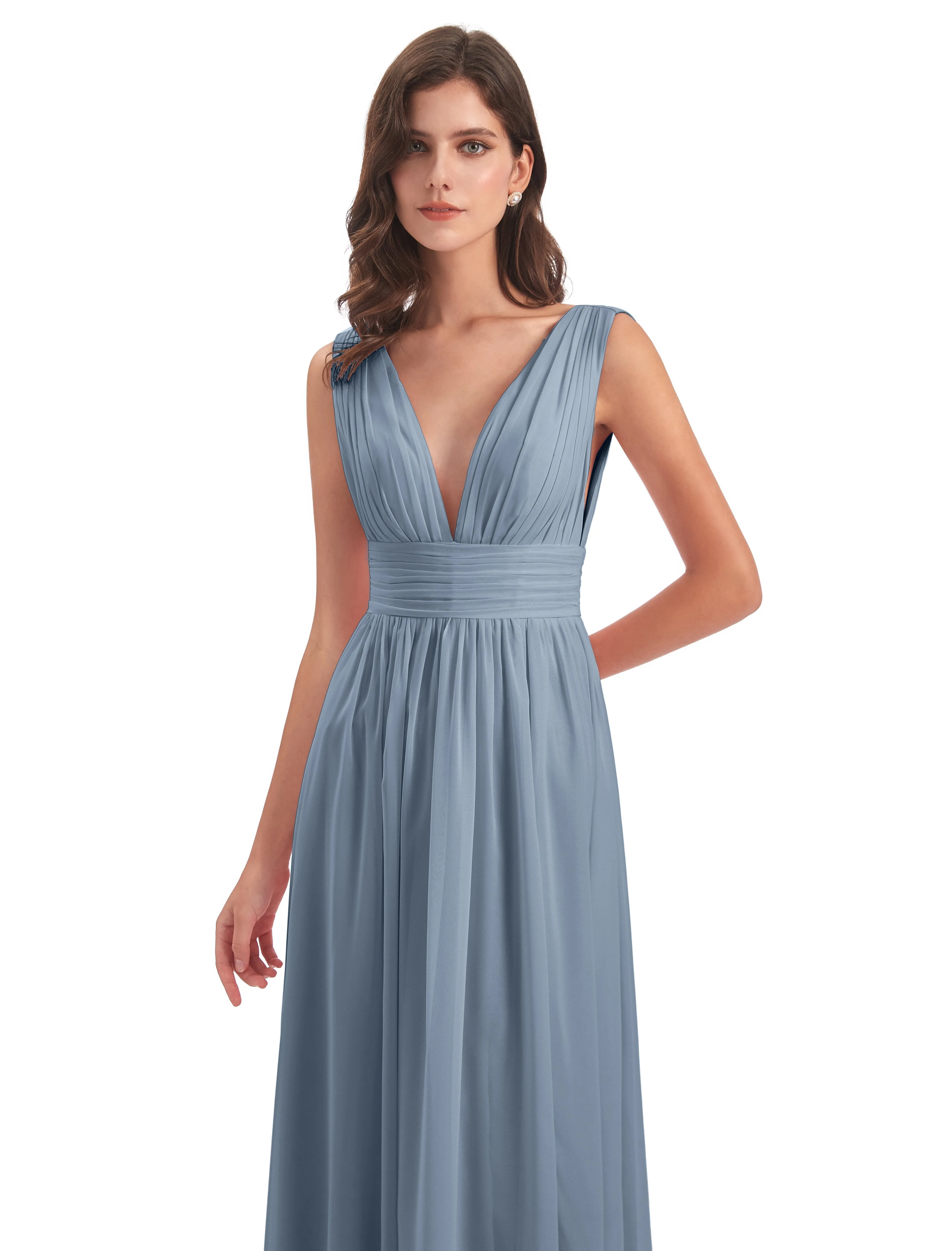 Bridesmaid Dresses Dusty Blue Charming Chiffon V Neck Split Long Bridesmaid Dresses