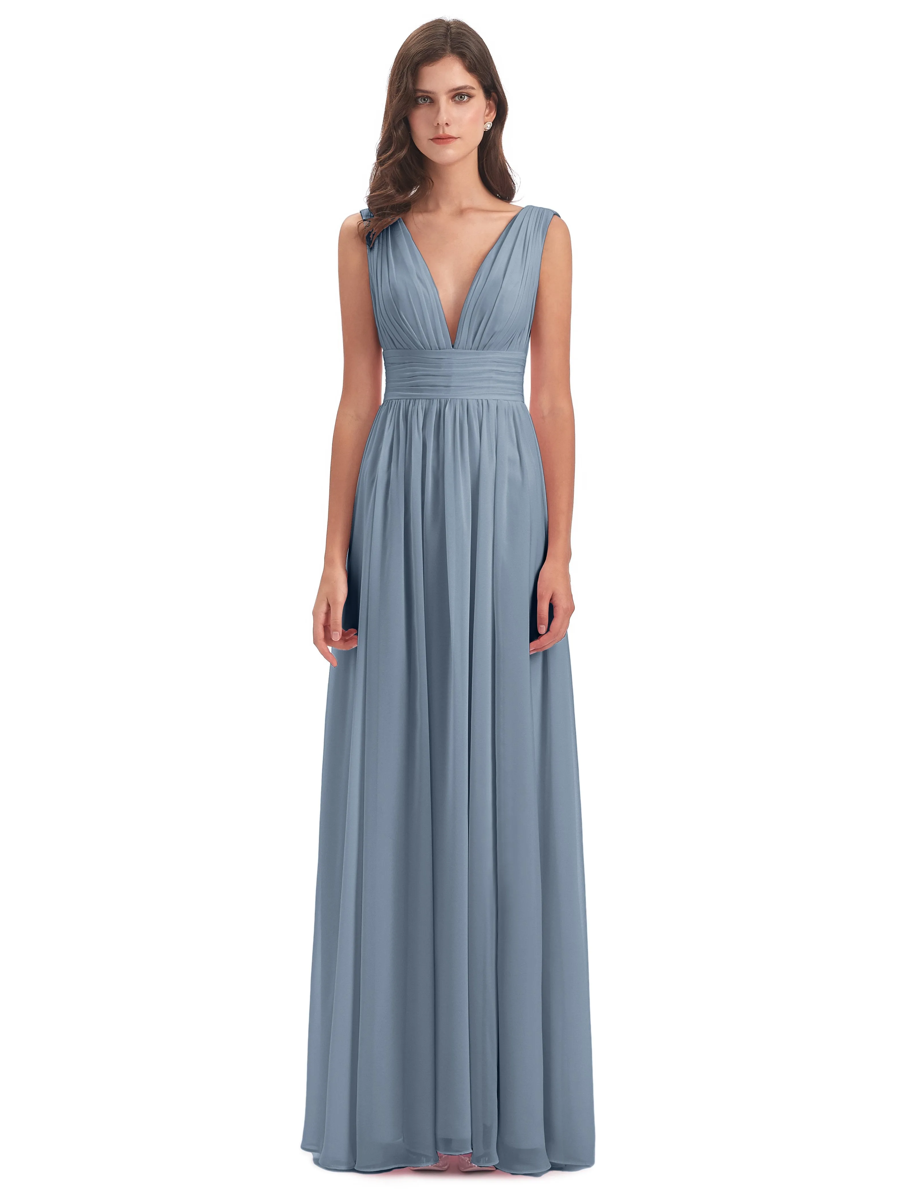 Bridesmaid Dresses Dusty Blue Charming Chiffon V Neck Split Long Bridesmaid Dresses