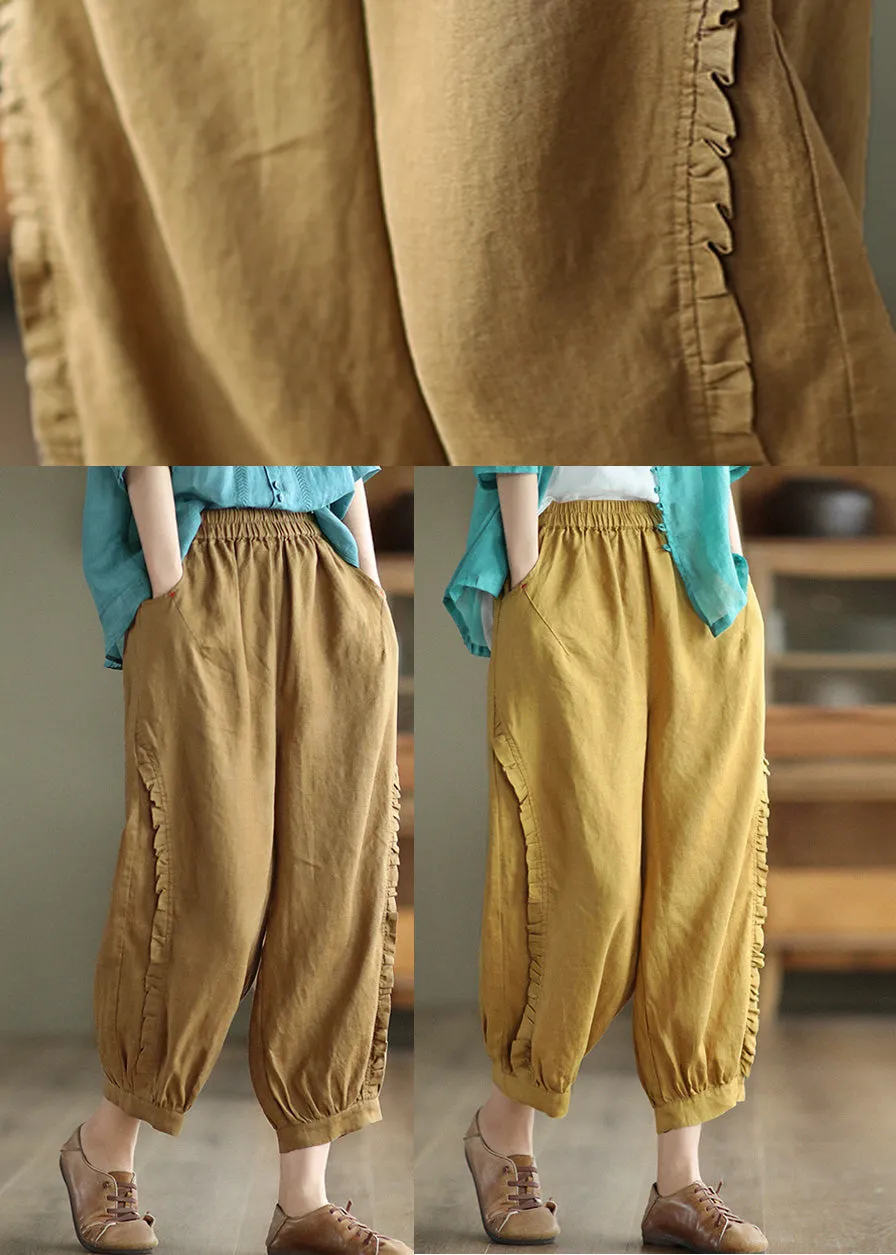 Brown Ruffled Elastic Waist Cozy Crop Pants LY5021