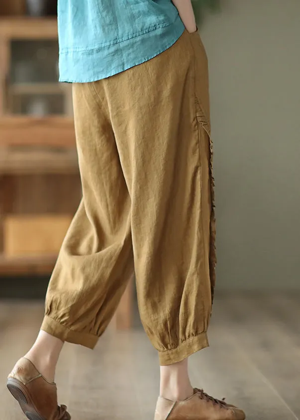 Brown Ruffled Elastic Waist Cozy Crop Pants LY5021