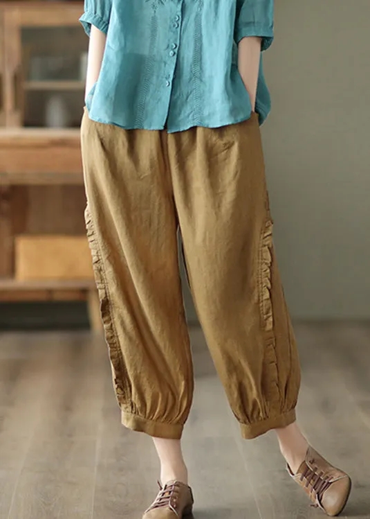 Brown Ruffled Elastic Waist Cozy Crop Pants LY5021