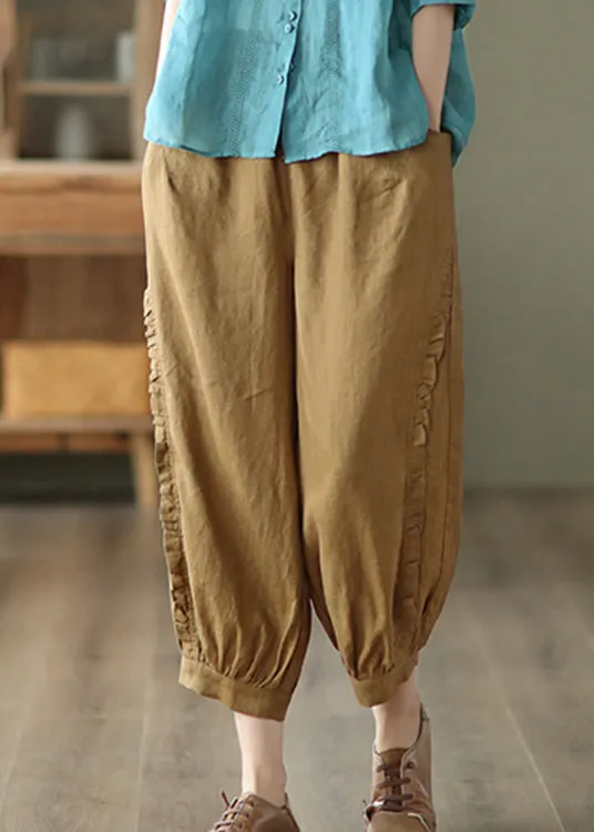 Brown Ruffled Elastic Waist Cozy Crop Pants LY5021