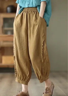 Brown Ruffled Elastic Waist Cozy Crop Pants LY5021