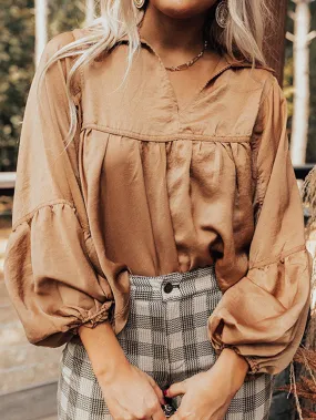 Brown Satin Puff Sleeve V-Neck Babydoll Blouse