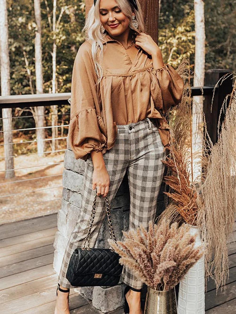 Brown Satin Puff Sleeve V-Neck Babydoll Blouse