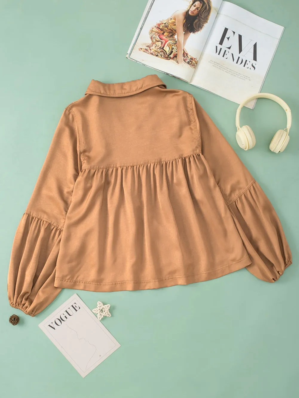 Brown Satin Puff Sleeve V-Neck Babydoll Blouse