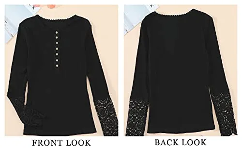 BTFBM Women Long Sleeve V Neck Button Up Solid Tops Blouses Trendy Slim Fit Lace Sleeves Ribbed Knit Casual Shirts Tunic (Lace Black, Medium)