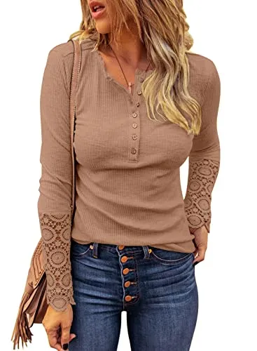 BTFBM Women Long Sleeve V Neck Button Up Solid Tops Blouses Trendy Slim Fit Lace Sleeves Ribbed Knit Casual Shirts Tunic(Lace Camel, Medium)