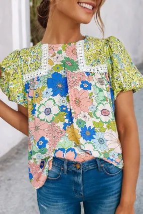 Bubble Sleeve Lace Trim Floral Mixed Print Blouse