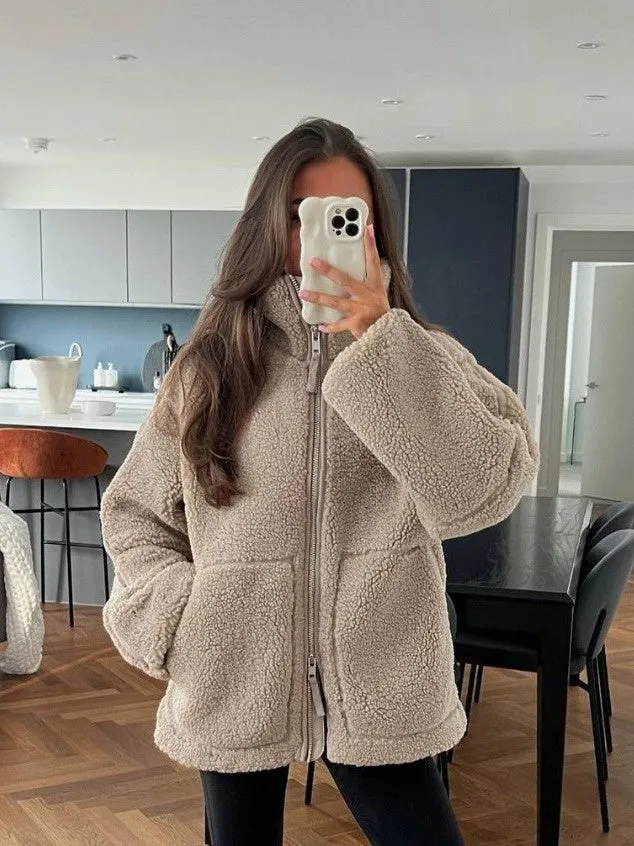 Casual Long Sleeve Oversized Warm Double Zipper Winter Teddy Jacket