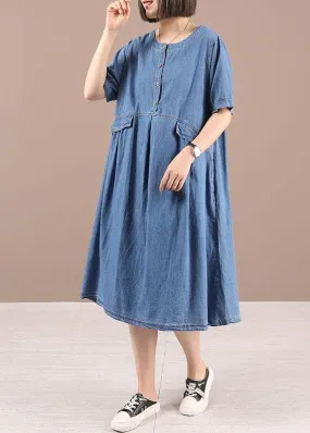 Chic Blue Button Cinched Denim Summer Dresses