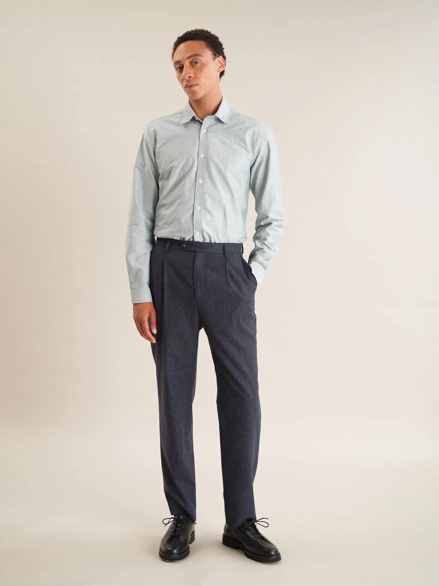 Dark Blue Wool Tweed Pleated Trousers