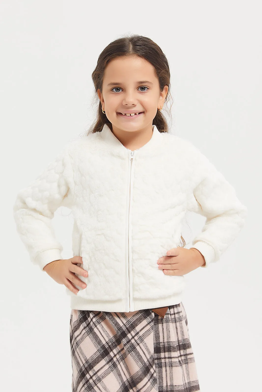 Girls Beige Sweatshirt With Front Zipper