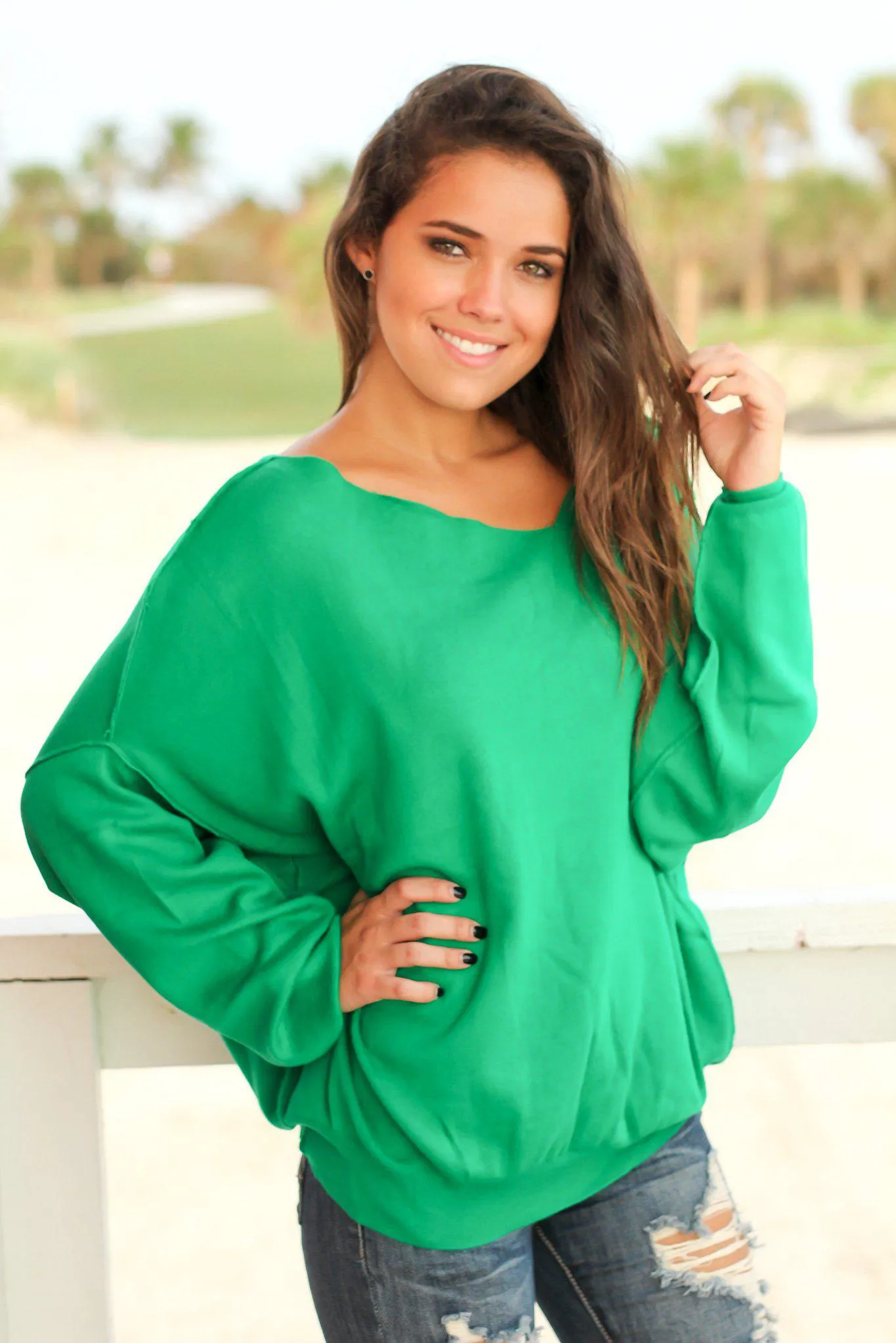 Green Sweater with Asymmetrical Hem