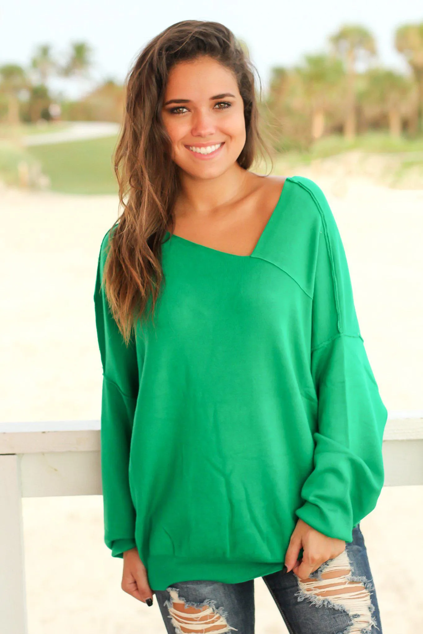 Green Sweater with Asymmetrical Hem