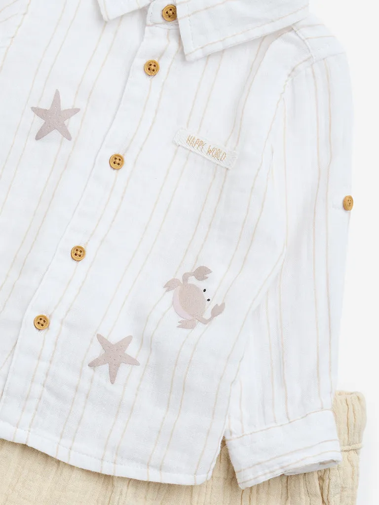 HOP Baby Beige Stripe Printed Cotton Shirt with Trousers Set