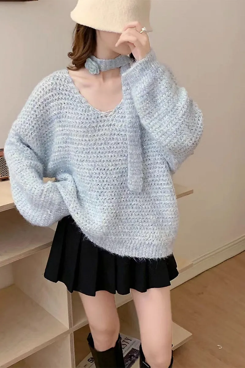 HWS1196 Soft Knit Tie-Neck Sweater