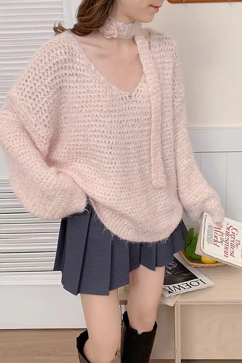 HWS1196 Soft Knit Tie-Neck Sweater