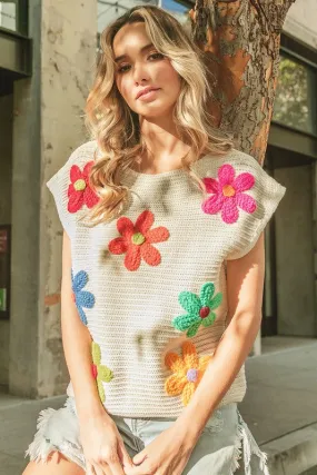 Ivory Crochet Flower Embroidery Knit Top