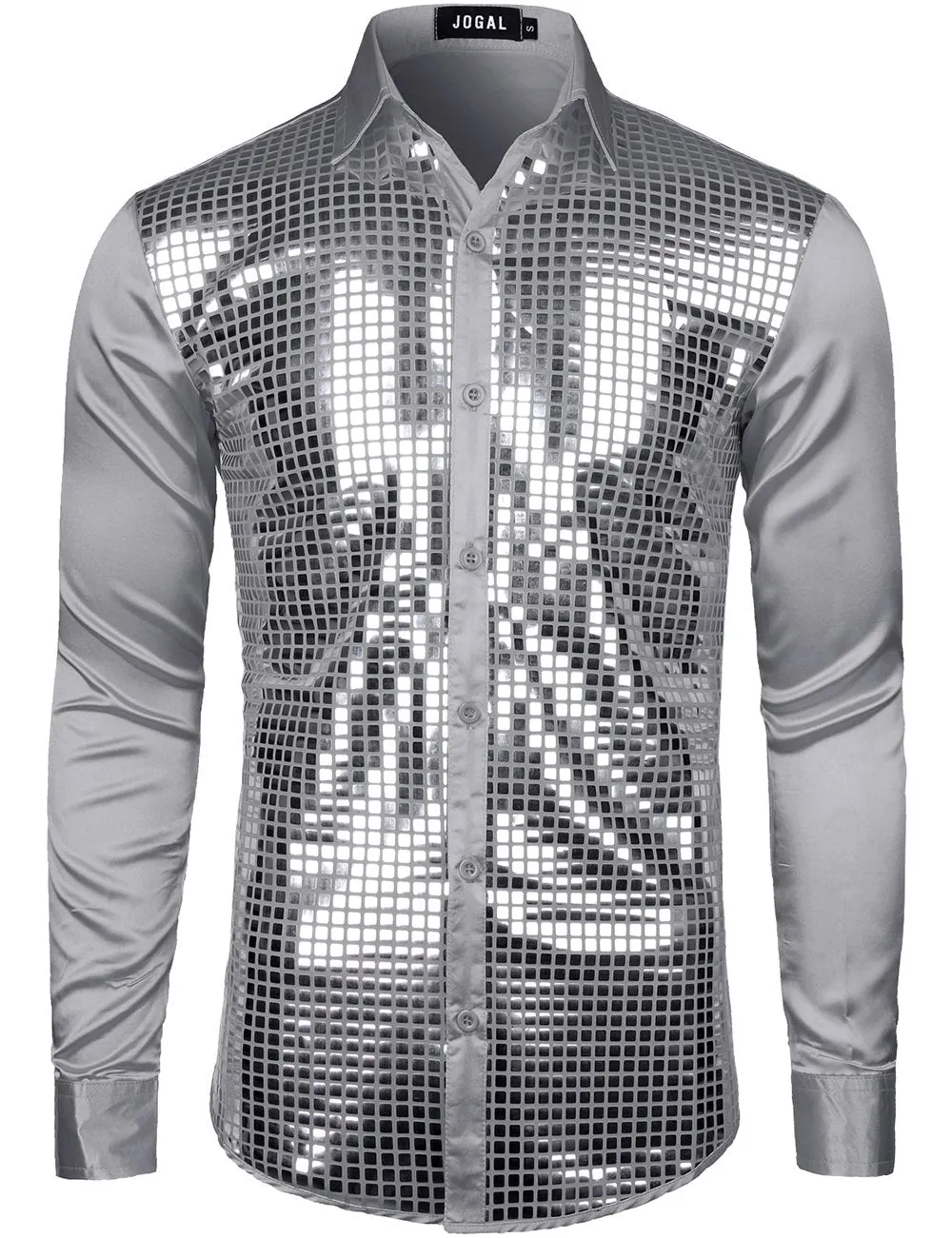 JOGAL Mens Dress Shirt Silver Sequins Long Sleeve Button Down 70s Disco Shirt Party Costume