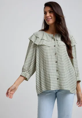 Keira Split Collar Houndstooth Print Blouse In Green