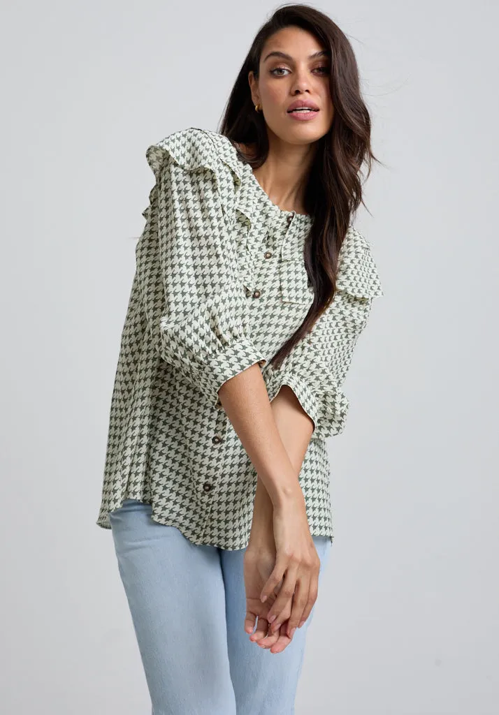 Keira Split Collar Houndstooth Print Blouse In Green