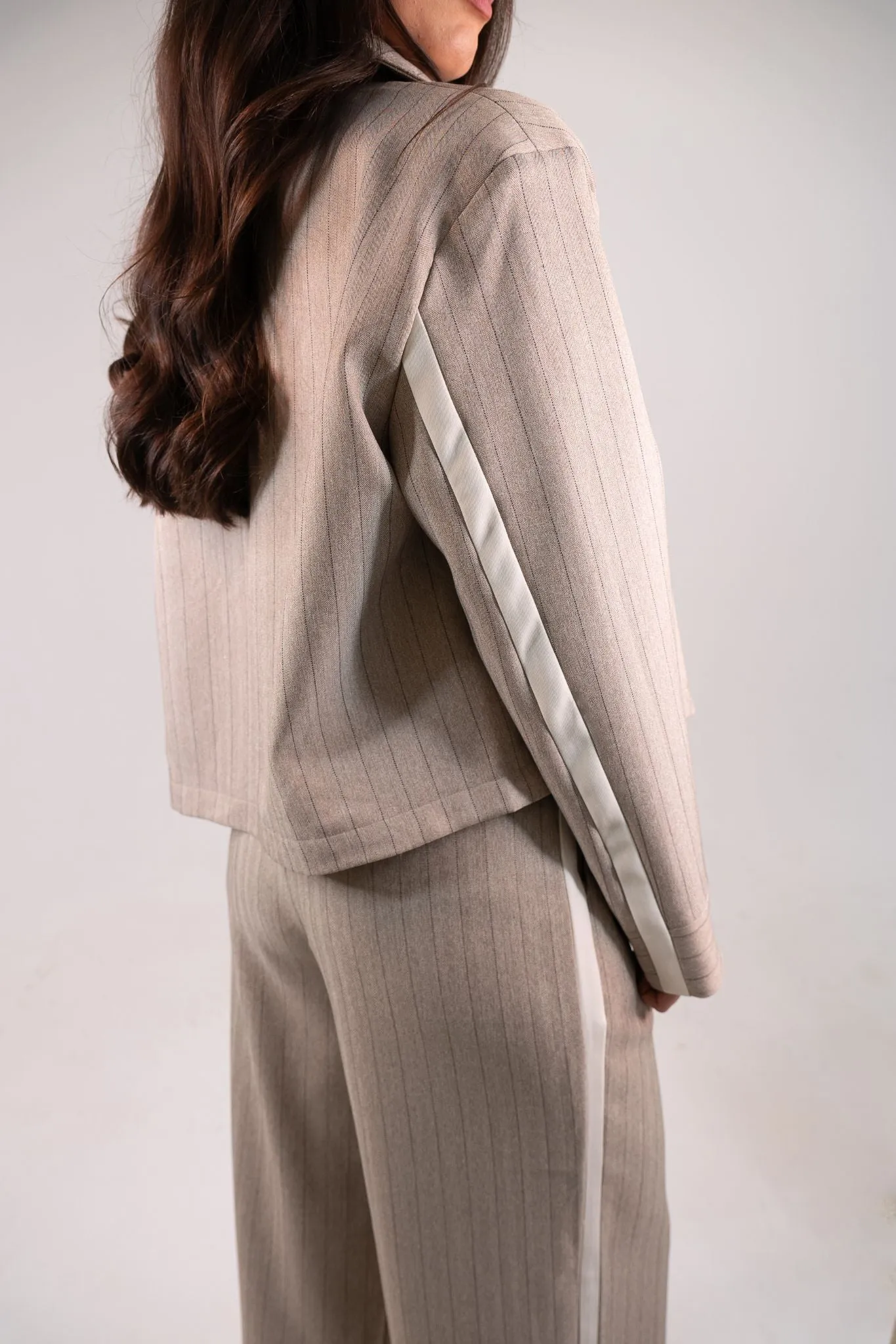 Kiera Zip Pinstripe Jacket In Taupe